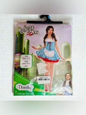 NEW Womens Dorothy Wizard of Oz Costume Adult L Gingham Dress Sequin Hair Bows